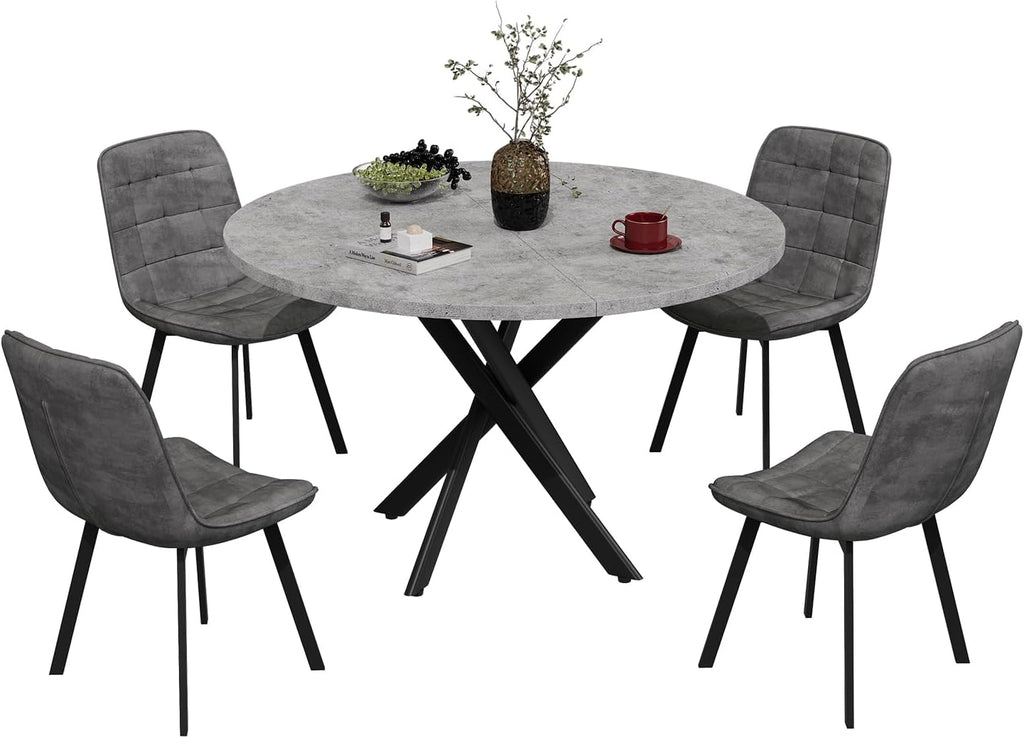 EROMMY Round Dining Table Set for 4, Modern Kitchen Table and Chairs with X-Shaped Table Legs & U-Shaped Thick Cushion, Wooden Dining Room Set for Dining Room Kitchen (Gray Table + 4 Gray Chairs)