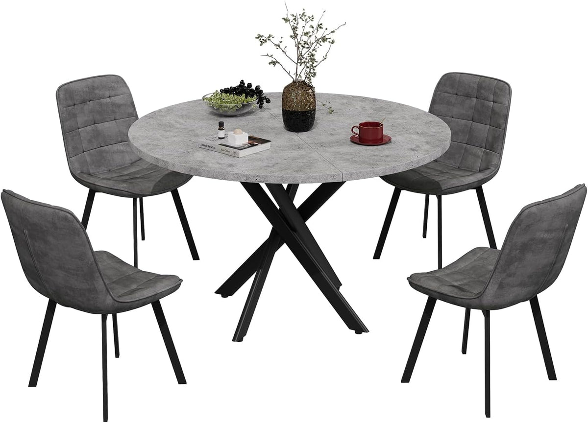 EROMMY Round Dining Table Set for 4, Modern Kitchen Table and Chairs with X-Shaped Table Legs & U-Shaped Thick Cushion, Wooden Dining Room Set for Dining Room Kitchen (Gray Table + 4 Gray Chairs)