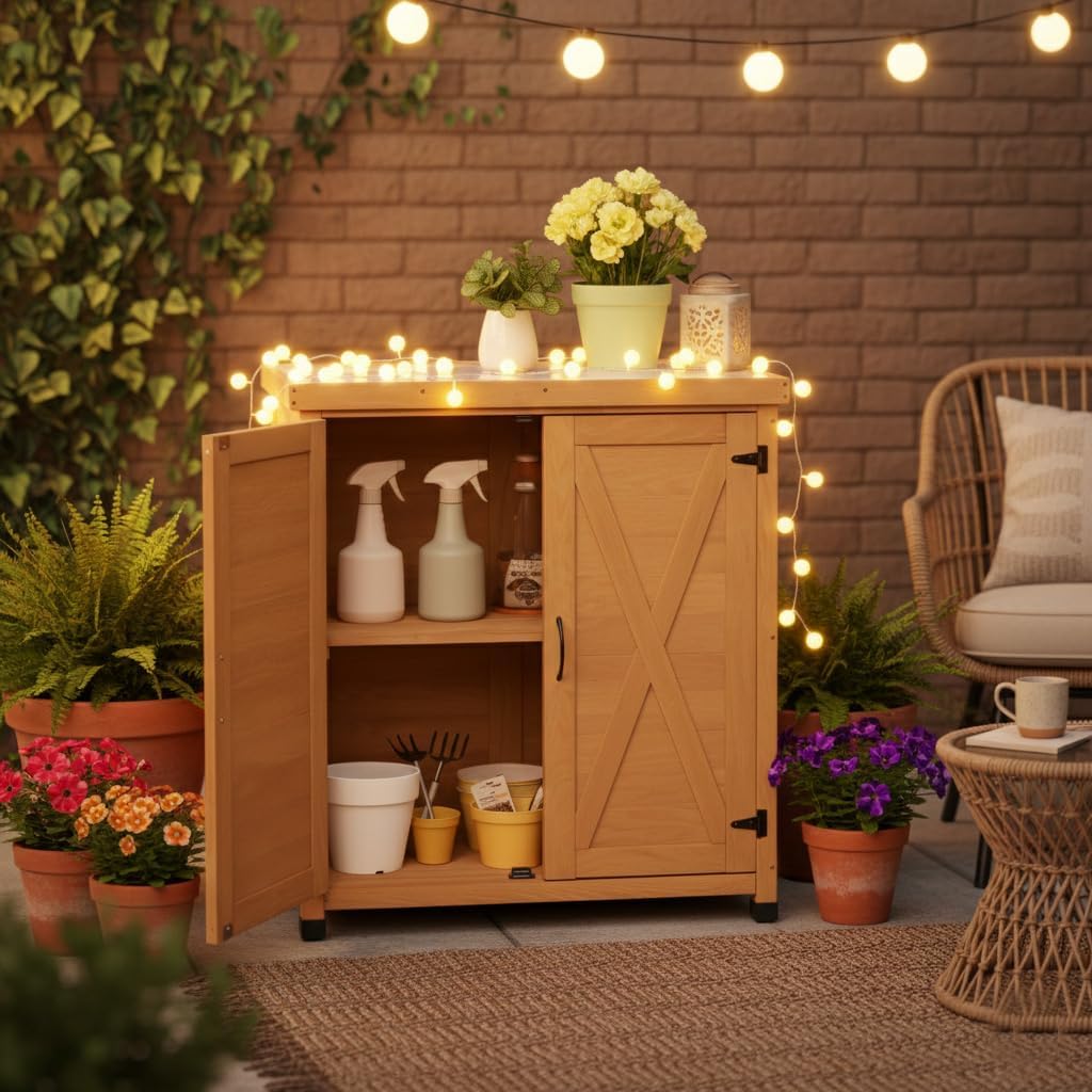 31" Weatherproof Small Storage Cabinet, Storage Cabinets with Sturdy X-Shape Design, Tool Cabinet with Magnetic Door for Patio and Garage, Light Brown