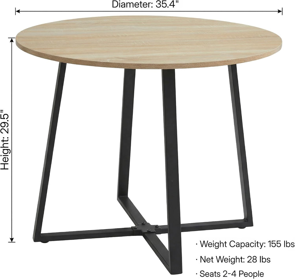 IDS Home 35.4” Round Dining Table for 2, Modern Nordic Kitchen Table, Light Wood Grain Top with Black Metal Base, Small Space Apartment Table, Coffee Table for Dining Room &Living Room, Natural
