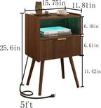 Leomonio Walnut Brown Nightstand, Modern Bedside Table with Charging Station & LED Lights, Plus Storage Drawer, Open Wood Shelf and Solid Wood Legs, for the Living Room, Bedroom & Small Spaces