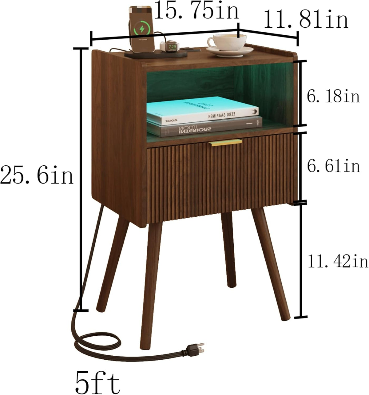Leomonio Walnut Brown Nightstand, Modern Bedside Table with Charging Station & LED Lights, Plus Storage Drawer, Open Wood Shelf and Solid Wood Legs, for the Living Room, Bedroom & Small Spaces