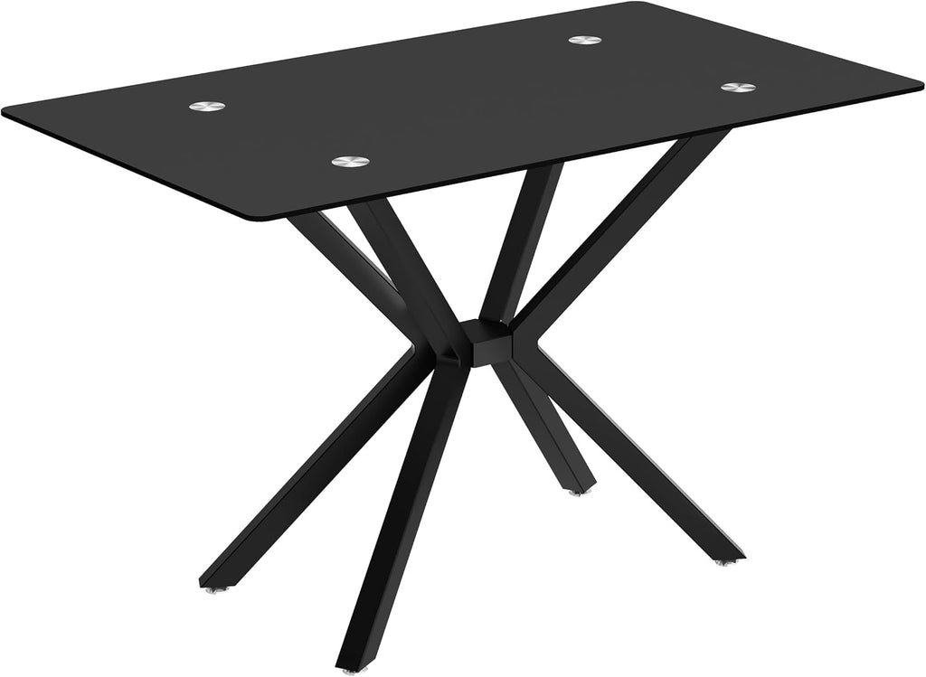 47.24 Inch Rectangular Glass Dining Table Modern Kitchen Glass Top Table for 4 with Black Metal Legs, Clear Dining Table Kitchen Table for Home Office Dining Room