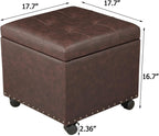 Adeco 16.7" H Brown Leather Storage Ottoman with 360 Caster Wheels, Square Foot Stool with Decorative Bronze Thumb Tacks & 330 LB Load Capacity, Modern Ottoman for Living Room, Bedroom, Entryway