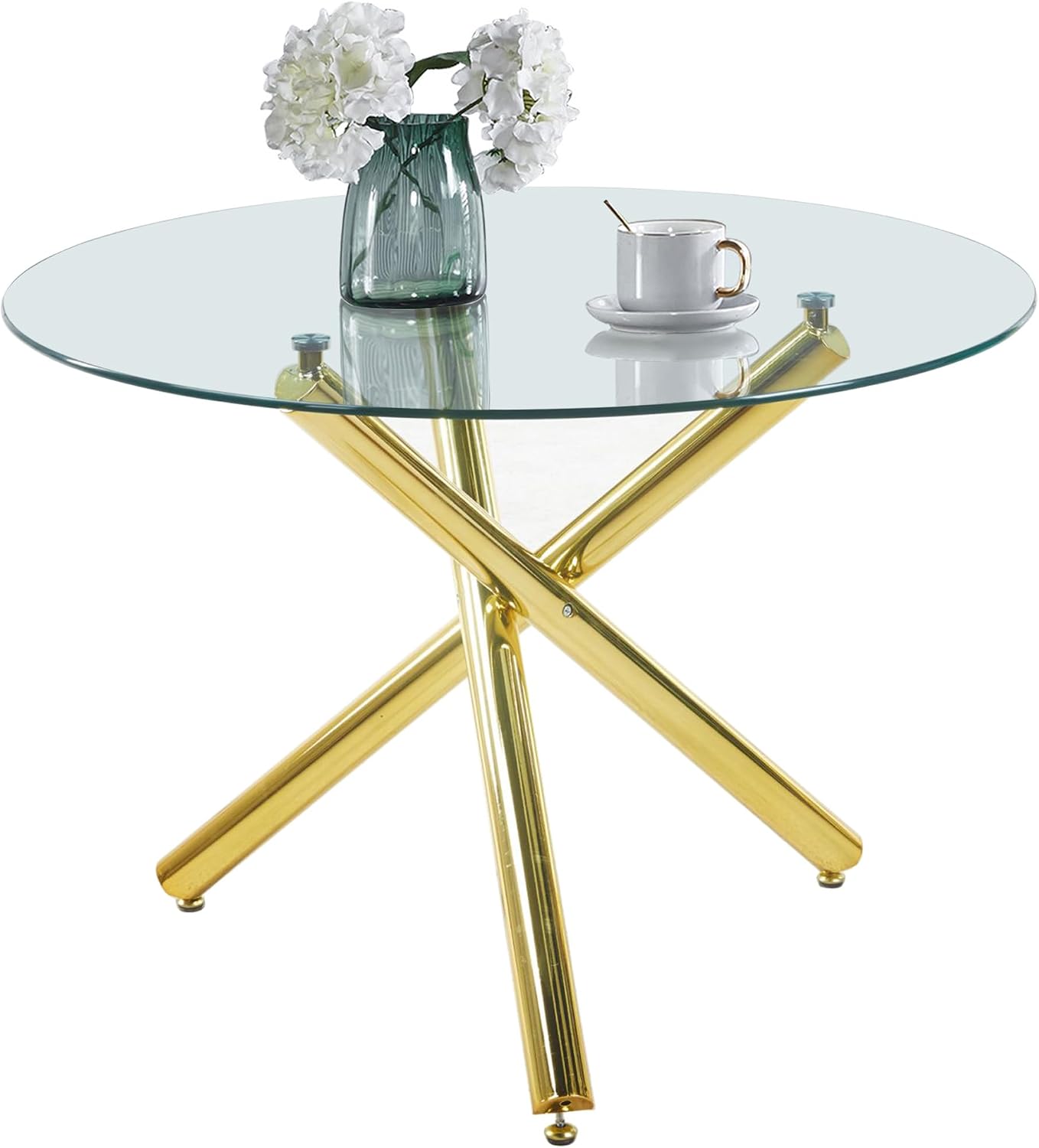 Modern Dining Room Table for 4 People, 36" Round Dining Table with Gold Chrome Metal X-Base, Circle Tempered Glass Dining Room Tables, Small Dining Table Kitchen Tables Dinner Tables