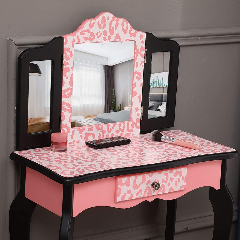 Vasitelan Vanity Table and Chair Set, Vanity Set with Mirror and Stool, Makeup Dressing Princess Table with Drawer, Vanity Set with Mirror (D Style)