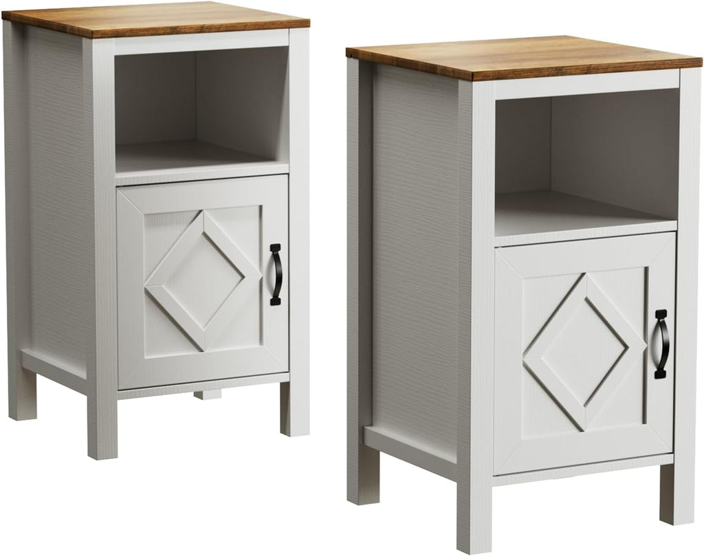 BVIUNTWO Set of 2 Modern White Side Tables with Cabinet & Open Department, Sofa End Table for Living Room, Nightstand for Bedroom