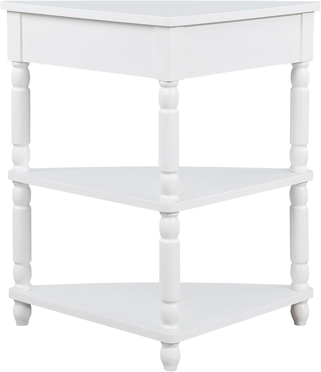 Small Triangle Corner Table Wood Corner Side Tables with Drawer & 2 Open Shelves 3 Tier End Corner Table with Solid Wood Legs for Small Spaces Living Room - Milk White