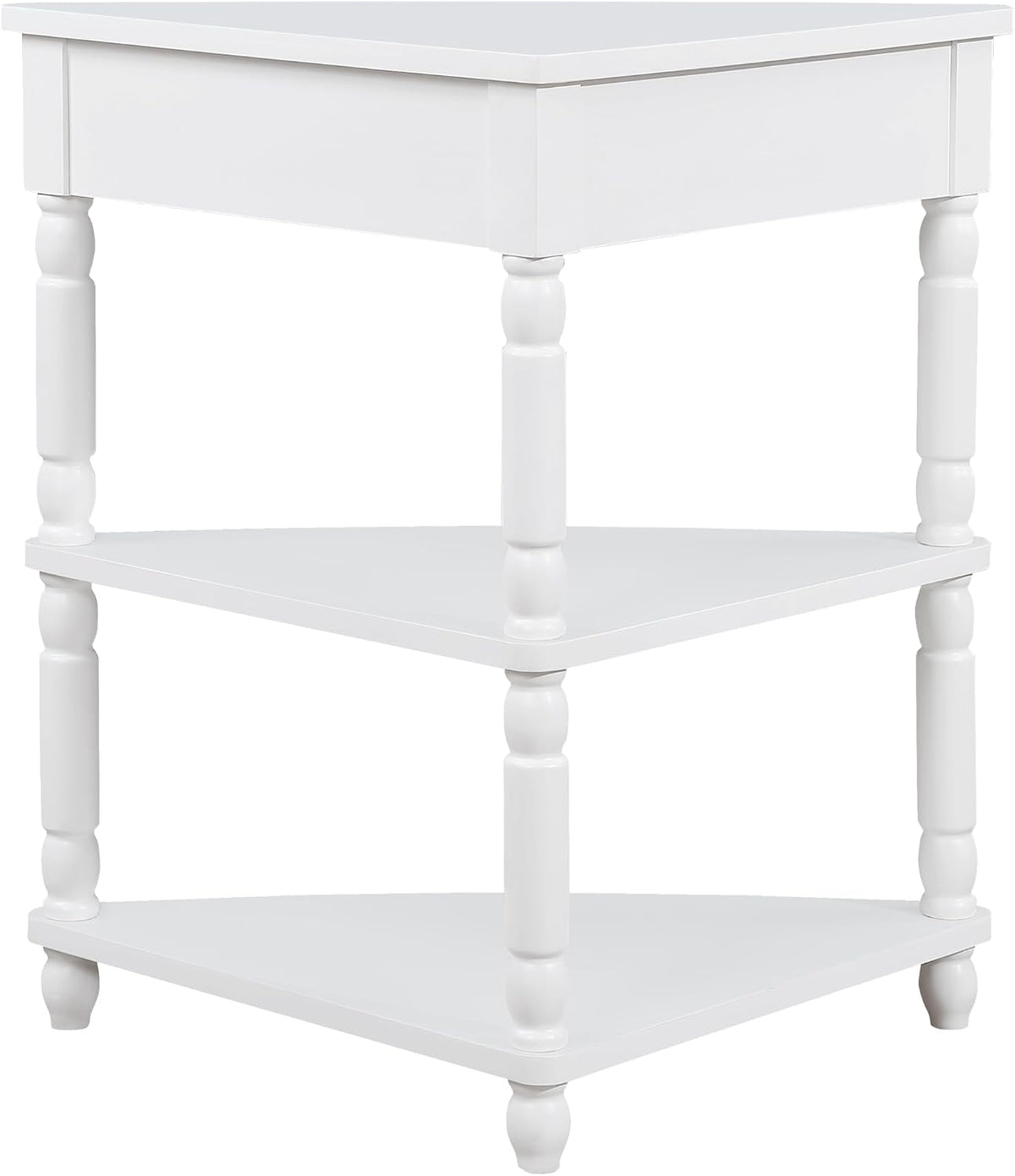Small Triangle Corner Table Wood Corner Side Tables with Drawer & 2 Open Shelves 3 Tier End Corner Table with Solid Wood Legs for Small Spaces Living Room - Milk White