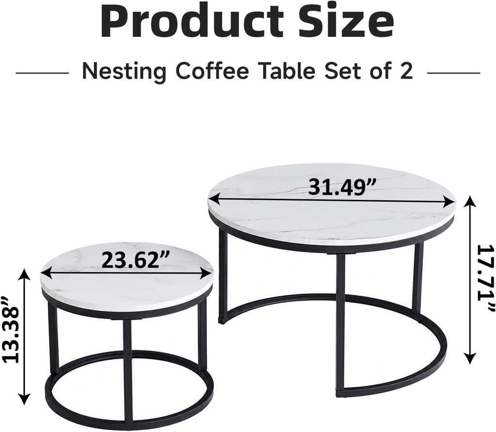 Nesting Coffee Table White Marble Pattern Wooden with Black Frame | 31.49" Round Coffee Tables for Living Room, Waiting Room, Apartment, Office, Balcony, Set of 2