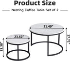 Nesting Coffee Table White Marble Pattern Wooden with Black Frame | 31.49" Round Coffee Tables for Living Room, Waiting Room, Apartment, Office, Balcony, Set of 2