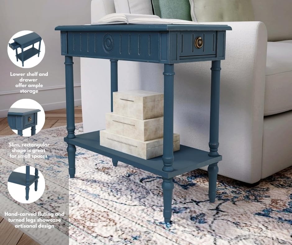 East at Main Handmade Solid Wood Narrow End Table with Drawer, Slim Blue Side Table for Bedroom, Living Room, or Entryway, Farmhouse Accent Furniture with Shelf and Turned Legs