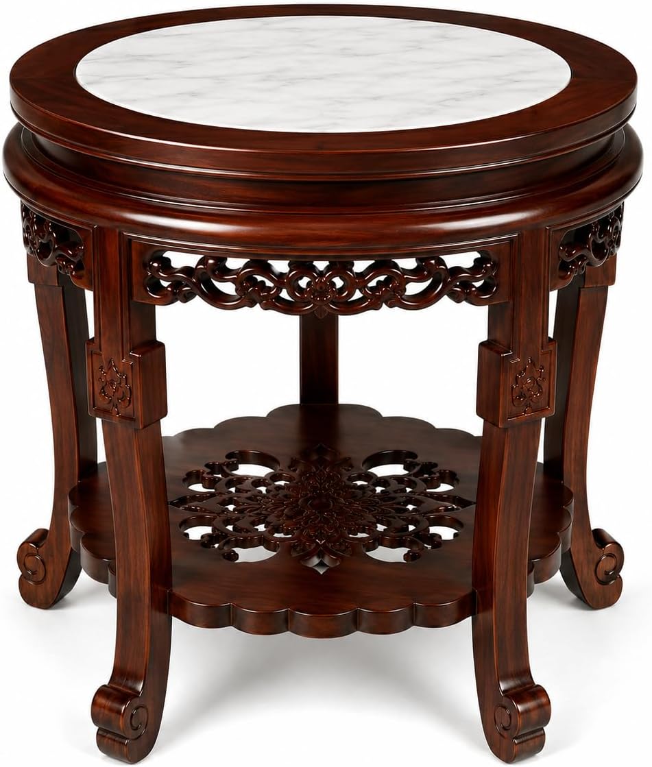 16" Marble Top Accent Side Table, Chinese Wooden Plant Stand, Oriental Display Pedestal for Living Room & Chinoiserie Decor