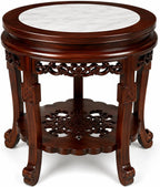 16" Marble Top Accent Side Table, Chinese Wooden Plant Stand, Oriental Display Pedestal for Living Room & Chinoiserie Decor