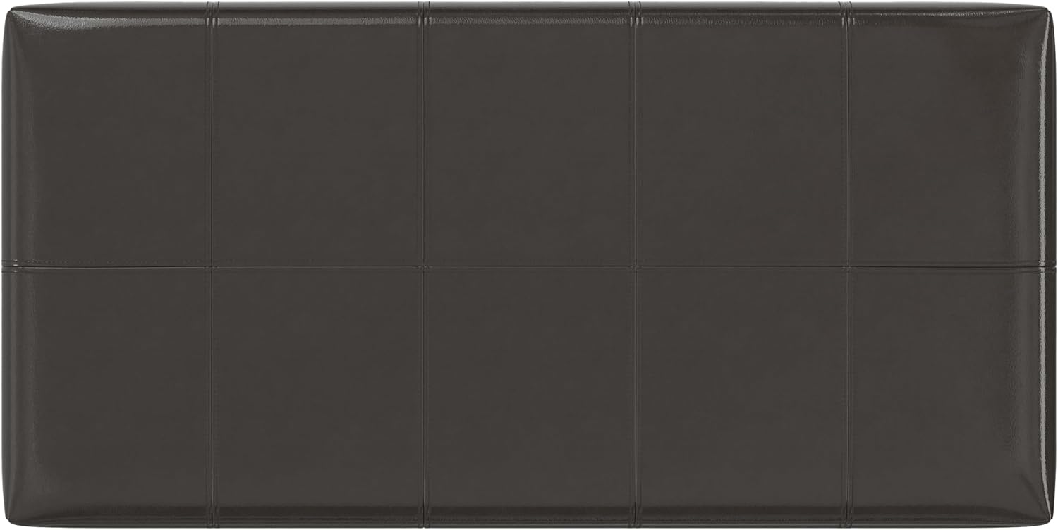 SIMPLIHOME Dover 36" Wide Vegan Leather Storage Ottoman in Tanners Brown | Contemporary ottoman with lift-top and safety hinges; upholstered rectangle storage bench for living room and entryway.