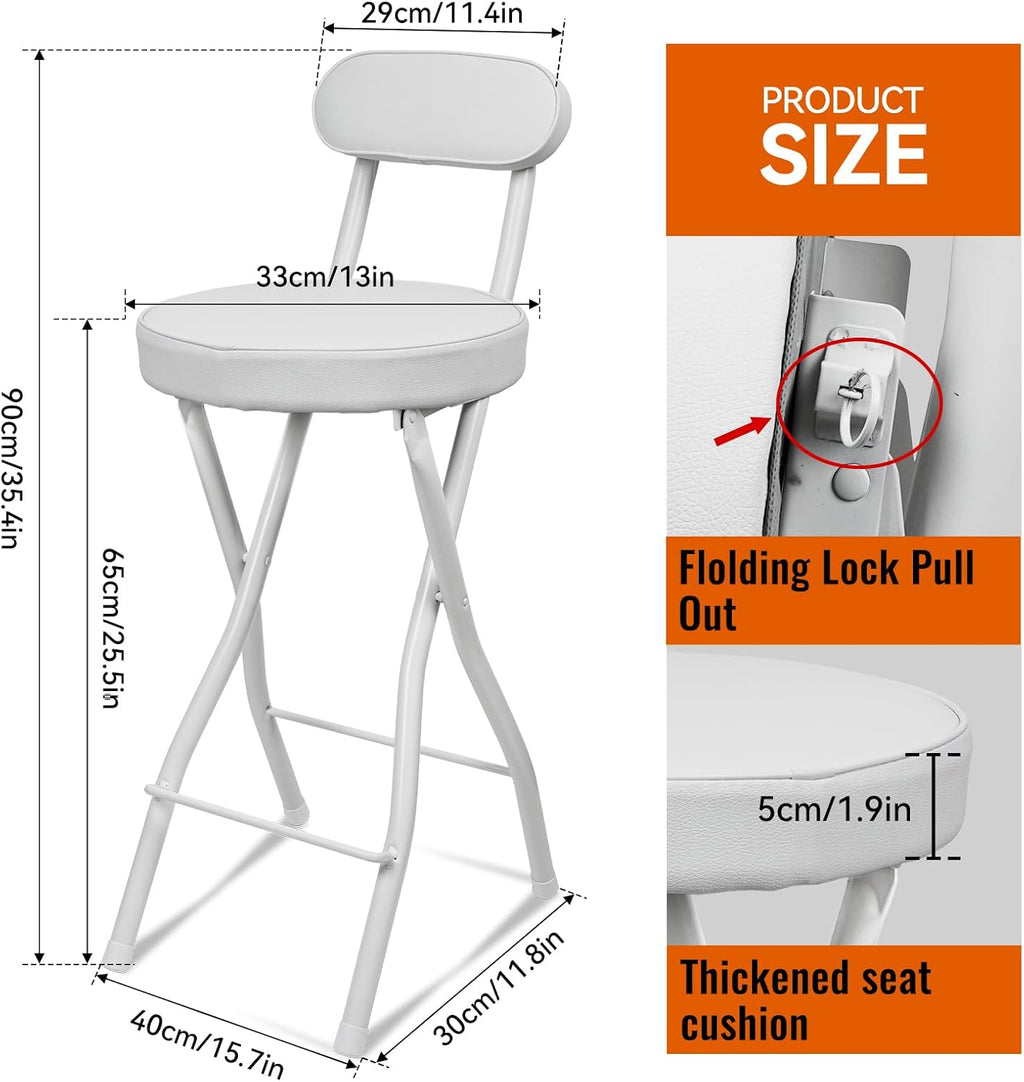UWEAR Portable Folding Stool,Folding Bar Stool with Back,Leather Padded Counter Height Foldable Stool, Tall Chairs for Adults Kitchen Island Outdoor Shop Cafe(2 PCS Black) (2PCS White)