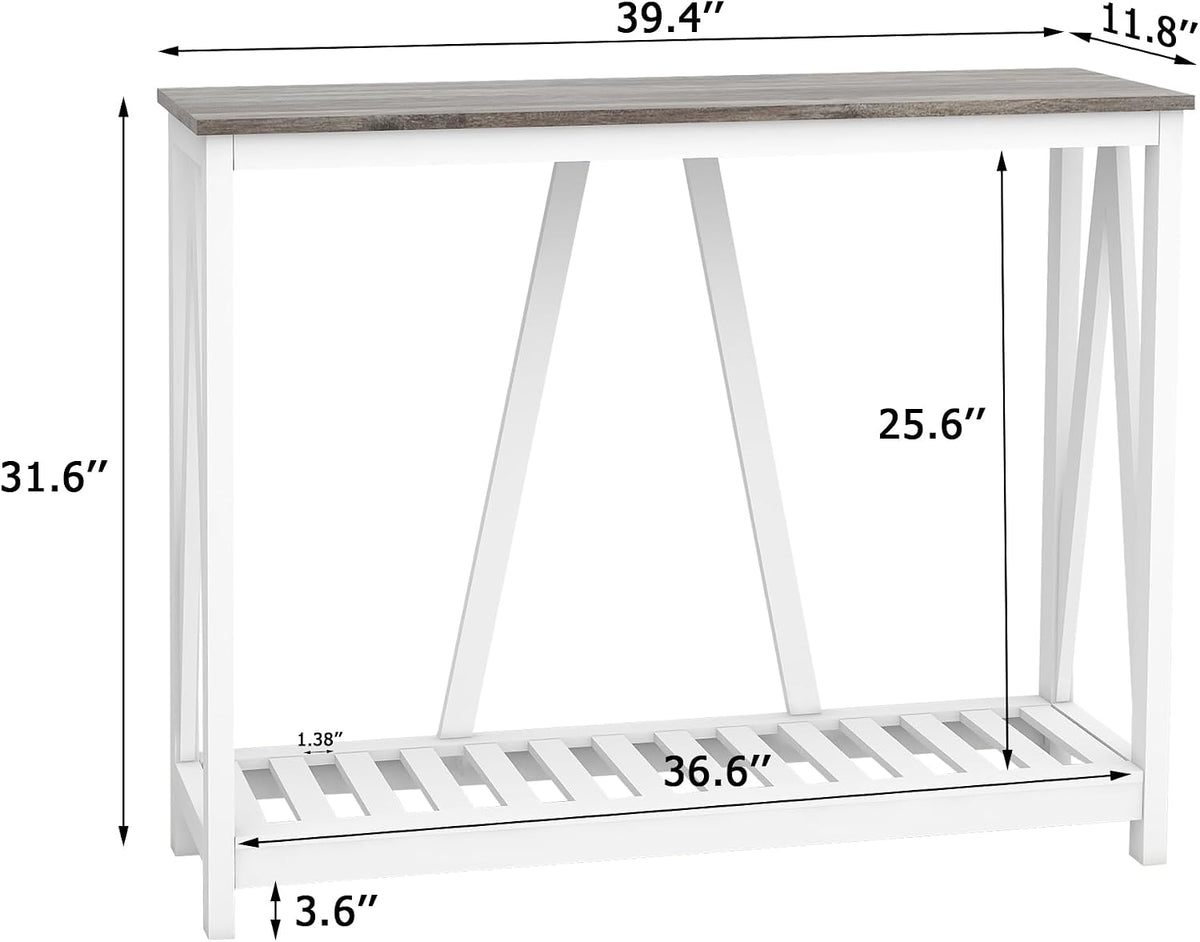 Entryway Table, 39" Farmhouse Console Table with Shelf Narrow Foyer Table | | 2-Tier Open Shelf,V-Shape Anti-Tip Legs,Slim Narrow Design,Sofa Table Use,Two-Tone Finish,30-Min Easy Assembly,Oak Grey