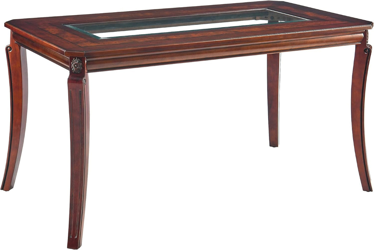 Rectangular Glass Dining Table 59” with Cherry Veneer Frame and Solid Wood Legs, for 4-6 People Tempered Glass Tabletop for Dining Room or Kitchen,Easy Assemble, Cherry Brown, CZ-A1168-GT