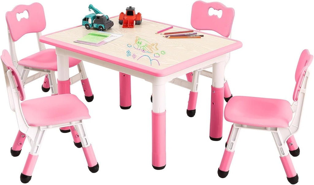 Kids Table and Chairs, Height Adjustable Toddler Table and 4 Chair, Multi-Activity Table with Graffiti Desktop Non-Slip Legs for Ages 2-10, Children Activity Table for Daycare, Classroom, Home