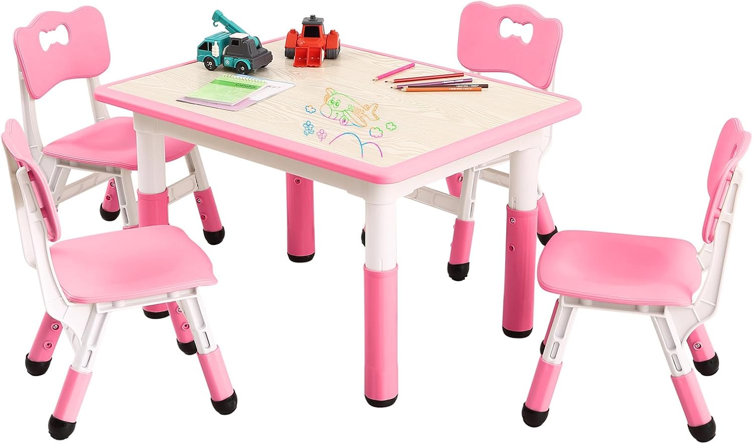 Kids Table and Chairs, Height Adjustable Toddler Table and 4 Chair, Multi-Activity Table with Graffiti Desktop Non-Slip Legs for Ages 2-10, Children Activity Table for Daycare, Classroom, Home