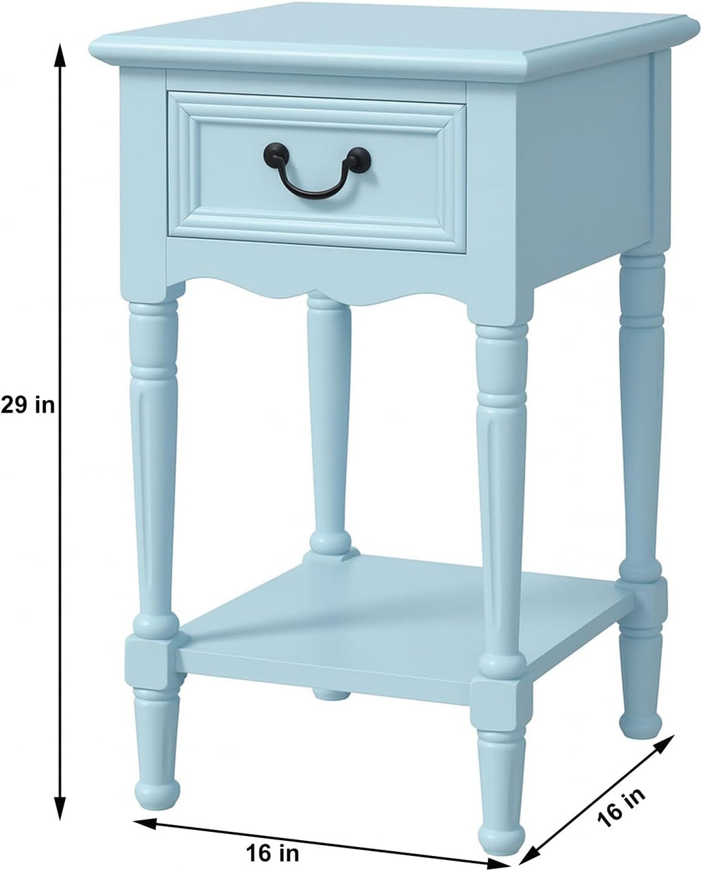 Urban Designs Wooden Accent Table/Nightstand with Drawer and Bottom Shelf – 29" H, 16" L x 16" W - Light Blue
