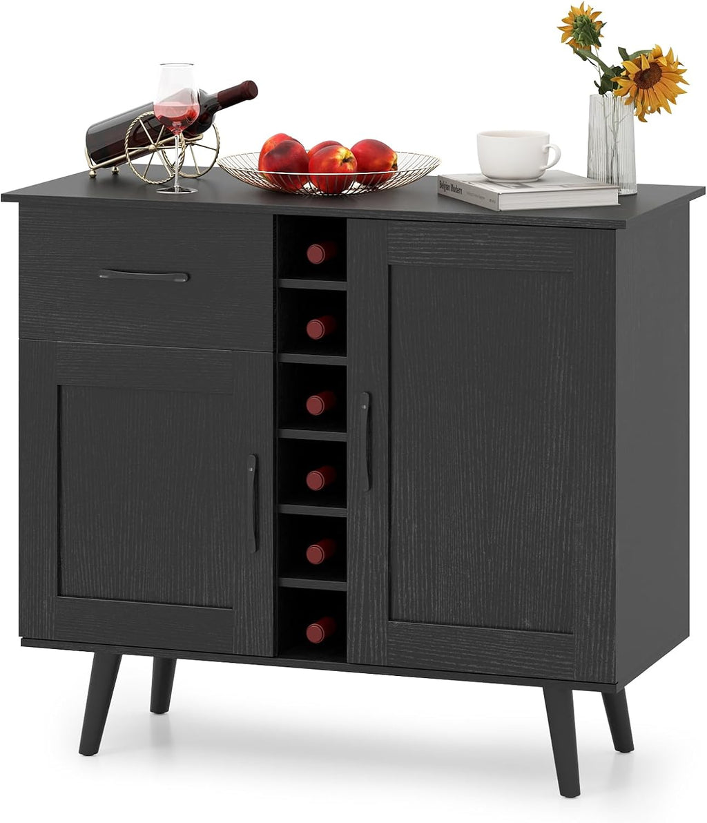 GOFLAME Wine Bar Cabinet, Buffet Sideboard with 2 Doors & 1 Drawer, 6-Bottle Wine Rack, Adjustable Shelves, Cupboard with Storage for Kitchen, Living Room, Black