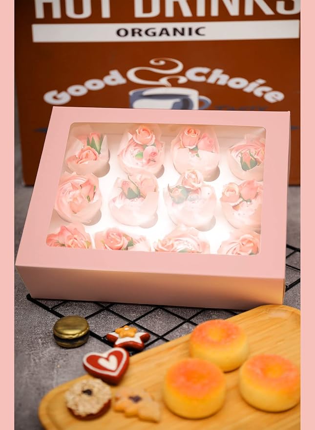 Bakepacker Auto-pop up 12 Cupcake Containers 6-Packs Pink Cupcakes Carrier, 12 Cupcake Boxes with Window 13"x10"x3.5"