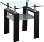 2-Tier End Table with Tempered Glass Top and MDF Frame, Modern Black Square Side Table with Storage Shelf for Living Room, Bedroom, Apartment, Easy to Assemble