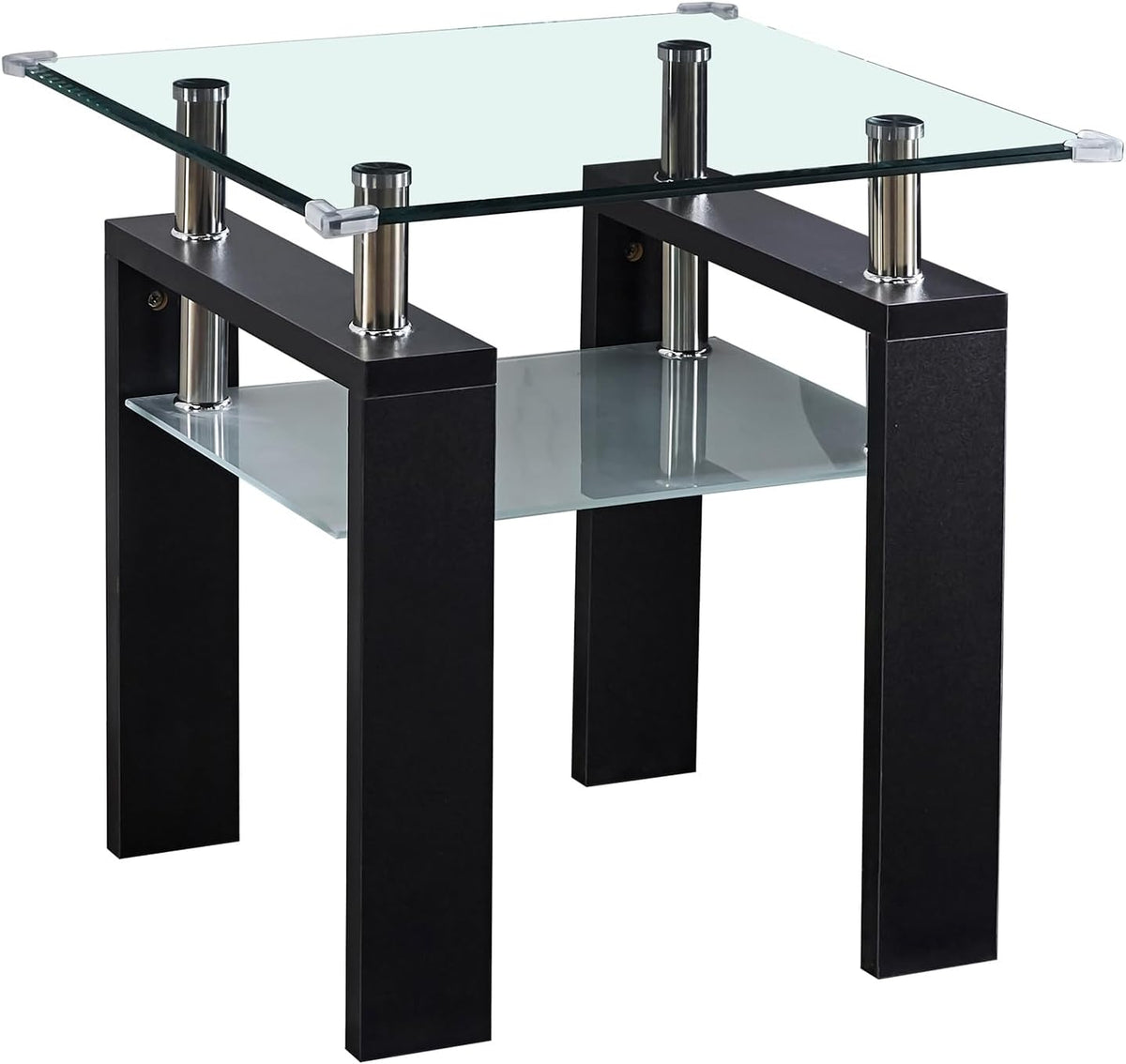 2-Tier End Table with Tempered Glass Top and MDF Frame, Modern Black Square Side Table with Storage Shelf for Living Room, Bedroom, Apartment, Easy to Assemble