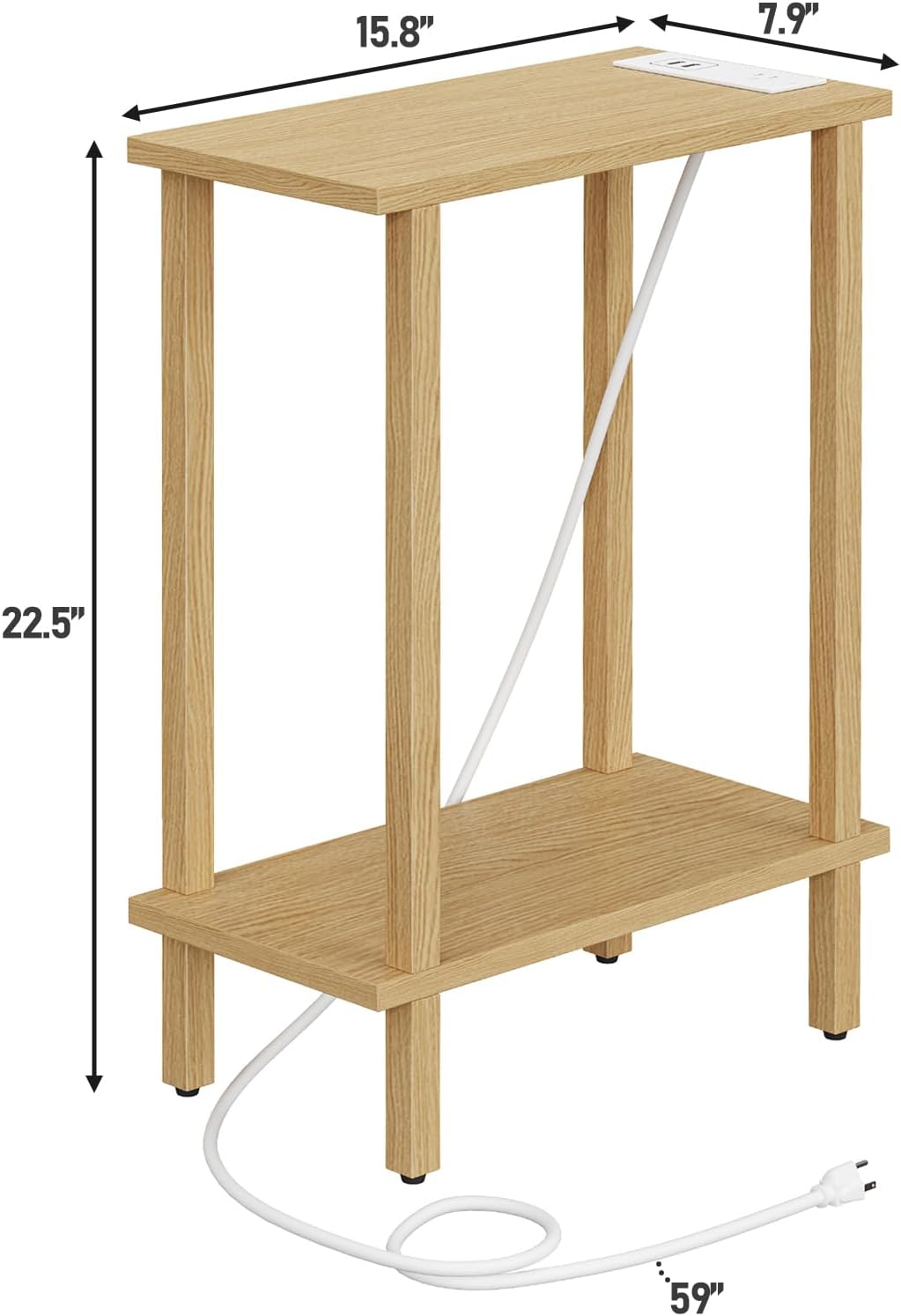 TUTOTAK Small End Table with Charging Station, Narrow Side Table with USB Ports and Outlets, Skinny Sofa Table, Slim Nightstand, Living Room, Bed Room, Natural TB01BN060