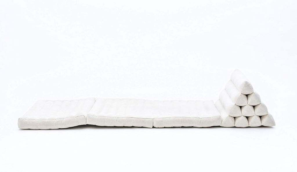 Leewadee - Comfortable Japanese Floor Mattress - Thai Floor Bed with Triangle Cushion - Futon Mattress - Thai Massage Mat, 67 x 21 inches, Ecru, Kapok Filling | Floor & lounge cushion for relaxing, reading & TV - for meditation & yoga, firm & stable