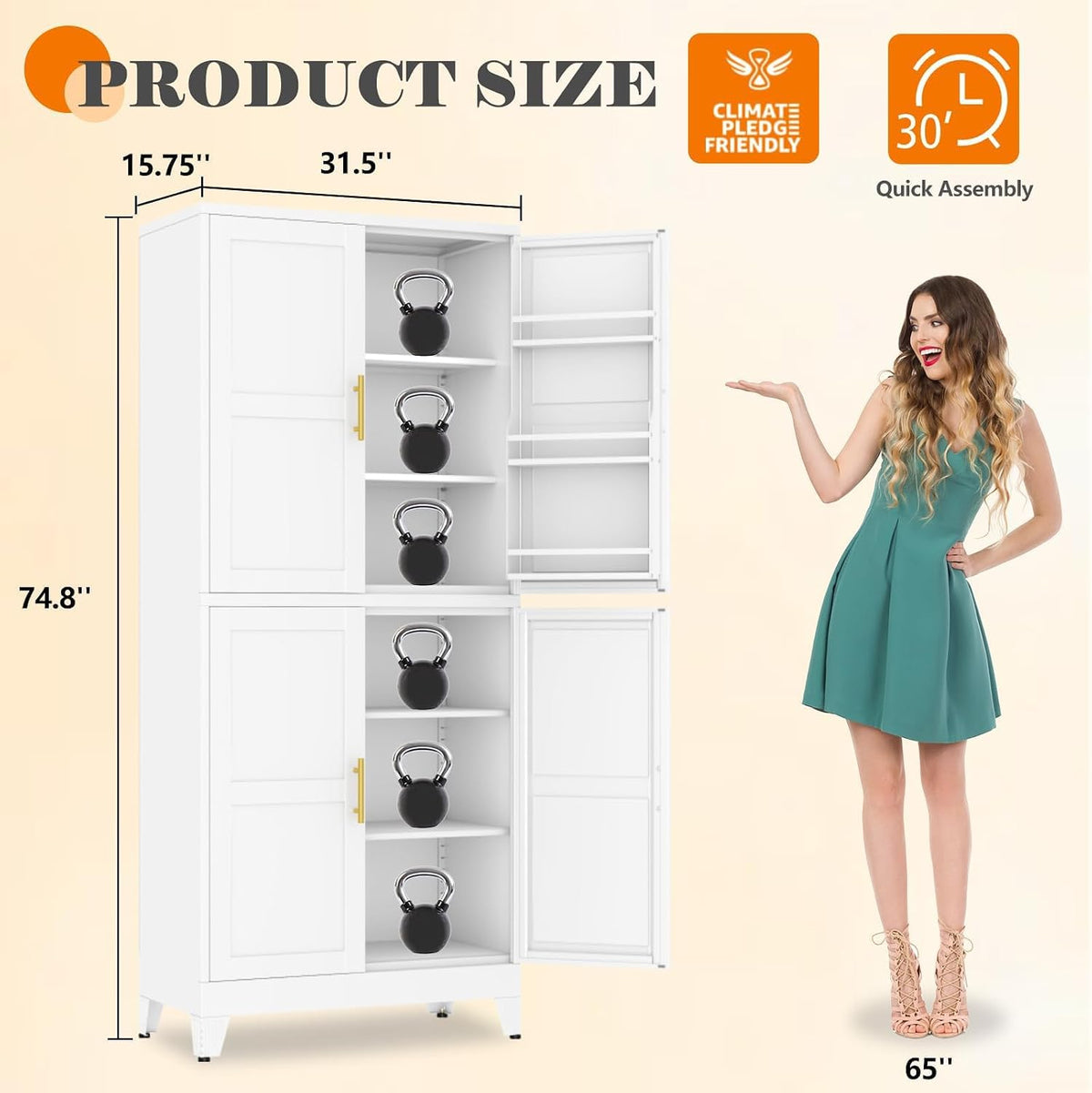 GAIOUS 74.8" Tall Metal Food Cabinet, White Kitchen Pantry Cabinet Cupboard | Food Storage, Kitchen Organizer, Storage Cabinet with 4 Door and 4 Adjustable Shelves, Steel Freestanding, for Dining Living