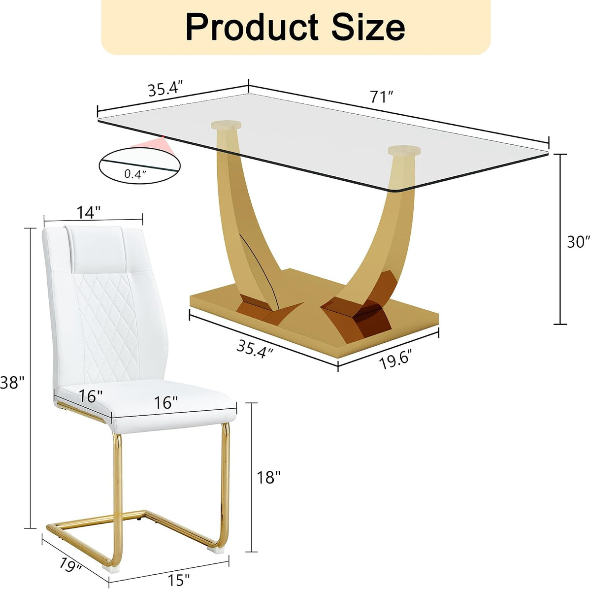 Glass Dining Table Set for 6, Modern Kitchen Table Set for 6, 71" Tempered Glass Tabletop with U-Shaped Gold Base, 7 Ppiece Large Dining Room Table Set with White PU Leather Chairs
