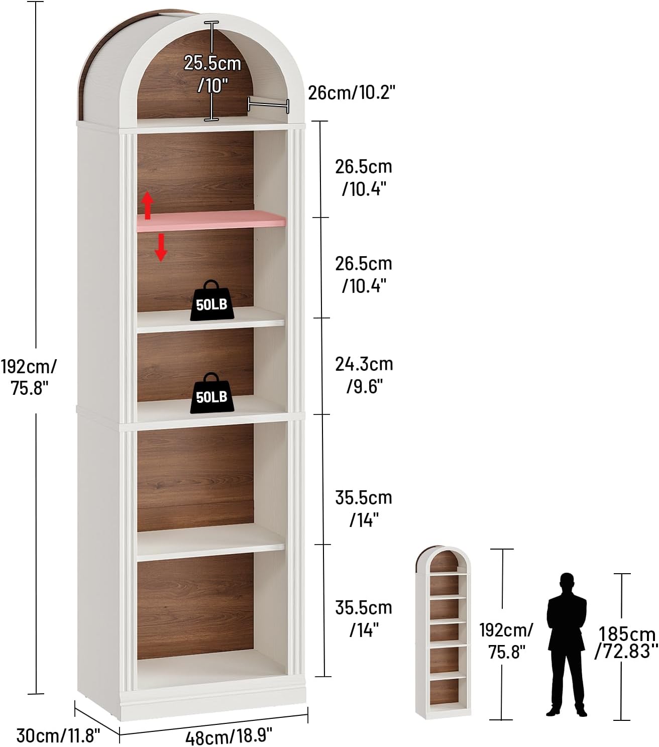 RALGEND Arched Bookshelf, 75.8" Tall Narrow Bookshelf, Arch Bookcase with Storage, 6-Tier Farmhouse Book Shelf, Wooden Arched Cabinet with Open Display Shelves, Adjustable Shelf, Walnut and White