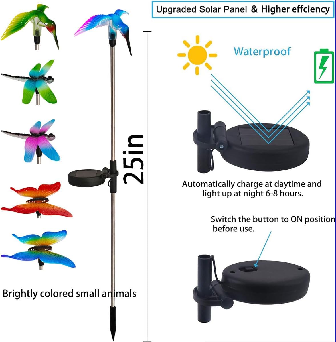 EiGreen 6 Pack Solar Garden Stake Lights Outdoor, Yard Figurine Stake Light, Flower Hummingbird Dragonfly Butterfly for Patio Yard Pathway Decoration (Garden)