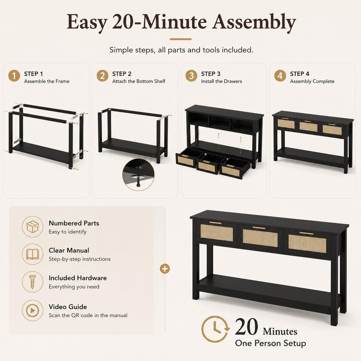 Luoxiao Rattan Console Table 3-Drawer 47" Narrow Black Entryway Sofa Table | Trendy Boho Hallway Foyer Storage, Open Shelf, Sturdy Wooden Entry Table for Living Room, Couch, Easy Assembly, Anti-Tip