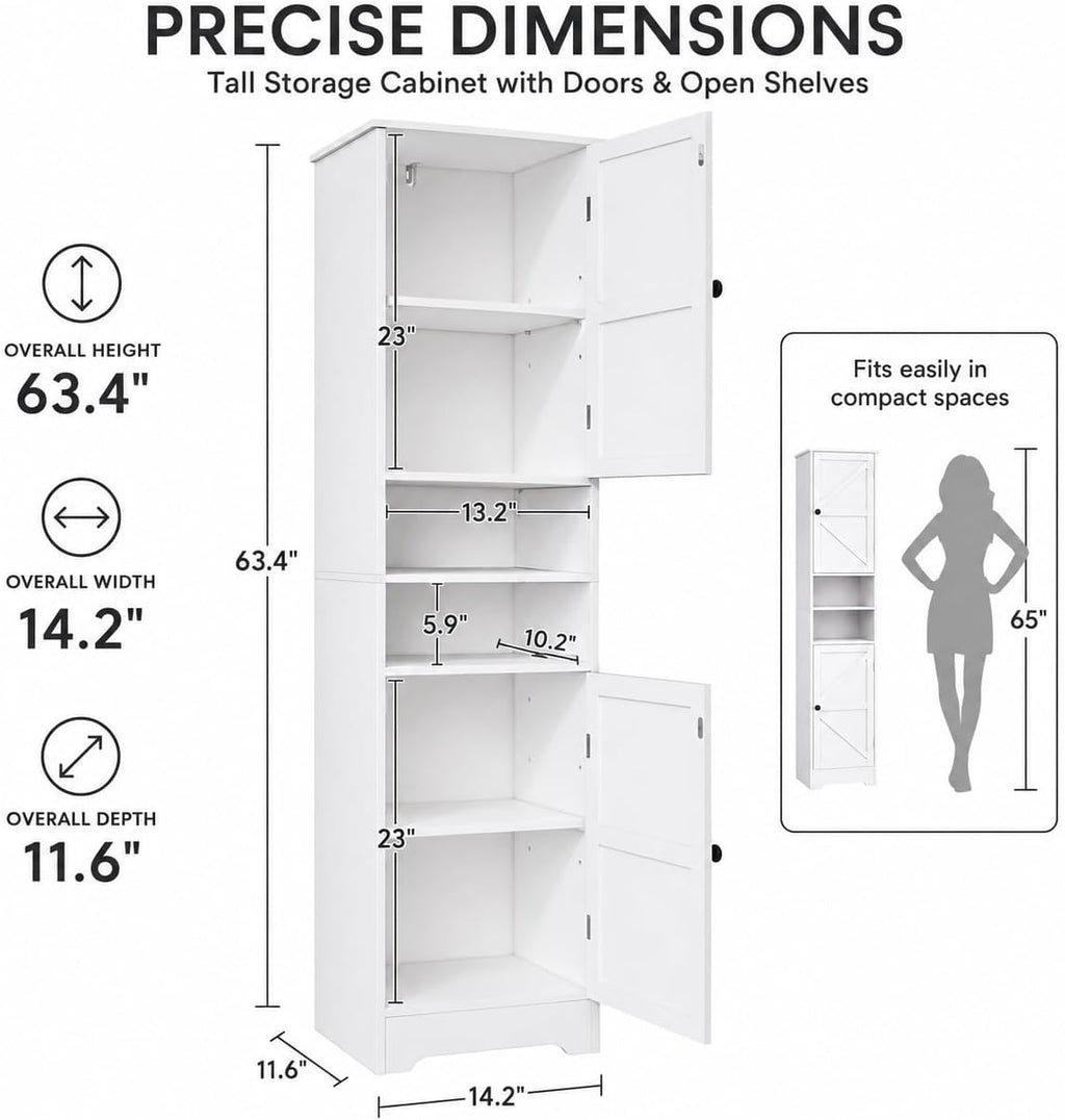 Viaozutis Tall Bathroom Storage Cabinet, Slim Freestanding Cabinet with Adjustable Shelves, Vertical Storage Organizer for Small Bathrooms, Toilet Paper & Daily Essentials Storage（White）