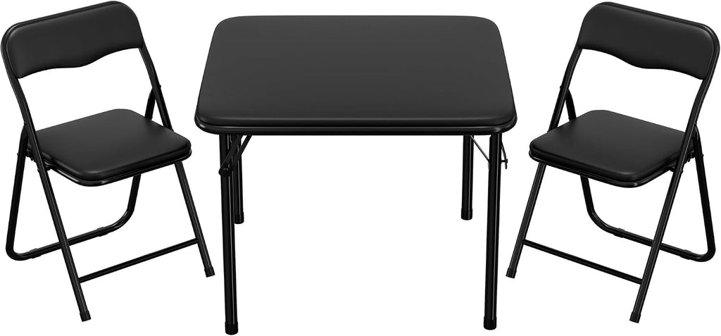 3-Piece Folding Card Table and Chairs Set for Kids, 24 Inch Square Foldable Table with 2 PU Cushion Padded Chairs, Steel Frame Space Saving Set for Game Room, Multipurpose Room, Indoor Use, Black