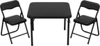 3-Piece Folding Card Table and Chairs Set for Kids, 24 Inch Square Foldable Table with 2 PU Cushion Padded Chairs, Steel Frame Space Saving Set for Game Room, Multipurpose Room, Indoor Use, Black