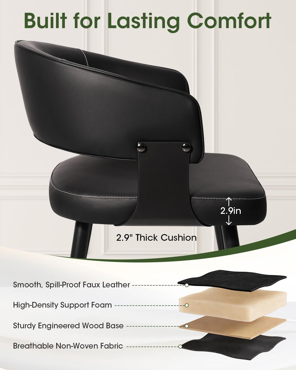 Dining Chairs Set of 4, Modern Upholstered PU Leather Kitchen & Dining Room Chairs with Curved Open Back Metal Legs, Kitchen Chairs for Dining Room Restaurant (Black, Set of 4)
