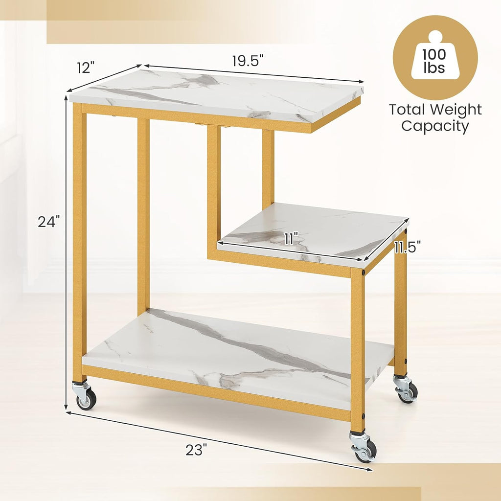 Giantex 3-Tier Side Table with Wheels, G-Shaped Mobile End Table with Open Shelves & Metal Frame, Rolling Sofa Couch Table for Living Room Bedroom Office, White & Gold