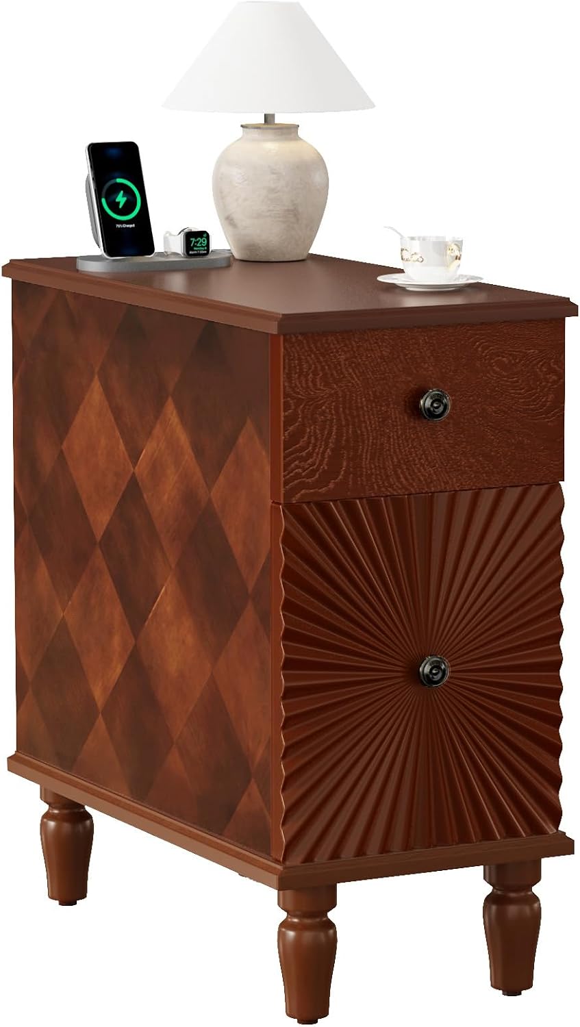 Narrow End Table with Charging Station, Slim Side Table with Drawers for Small Spaces, Long Nightstand with Storage, Traditional Small Bedside Cabinet for Living Room/Bedroom/Corner, Walnut
