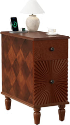 Narrow End Table with Charging Station, Slim Side Table with Drawers for Small Spaces, Long Nightstand with Storage, Traditional Small Bedside Cabinet for Living Room/Bedroom/Corner, Walnut
