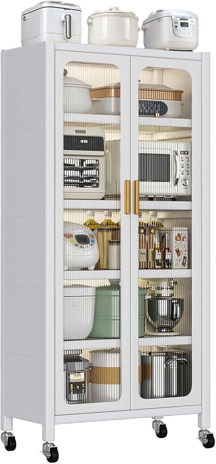 65" Kitchen Pantry Storage Cabinet 6 Tier Metal Display Storage Cabinet With Transparent Door Adjustable Shelves & Wheels Versatile Storage Food Upright Cabinets For Kitchen Dining Room White