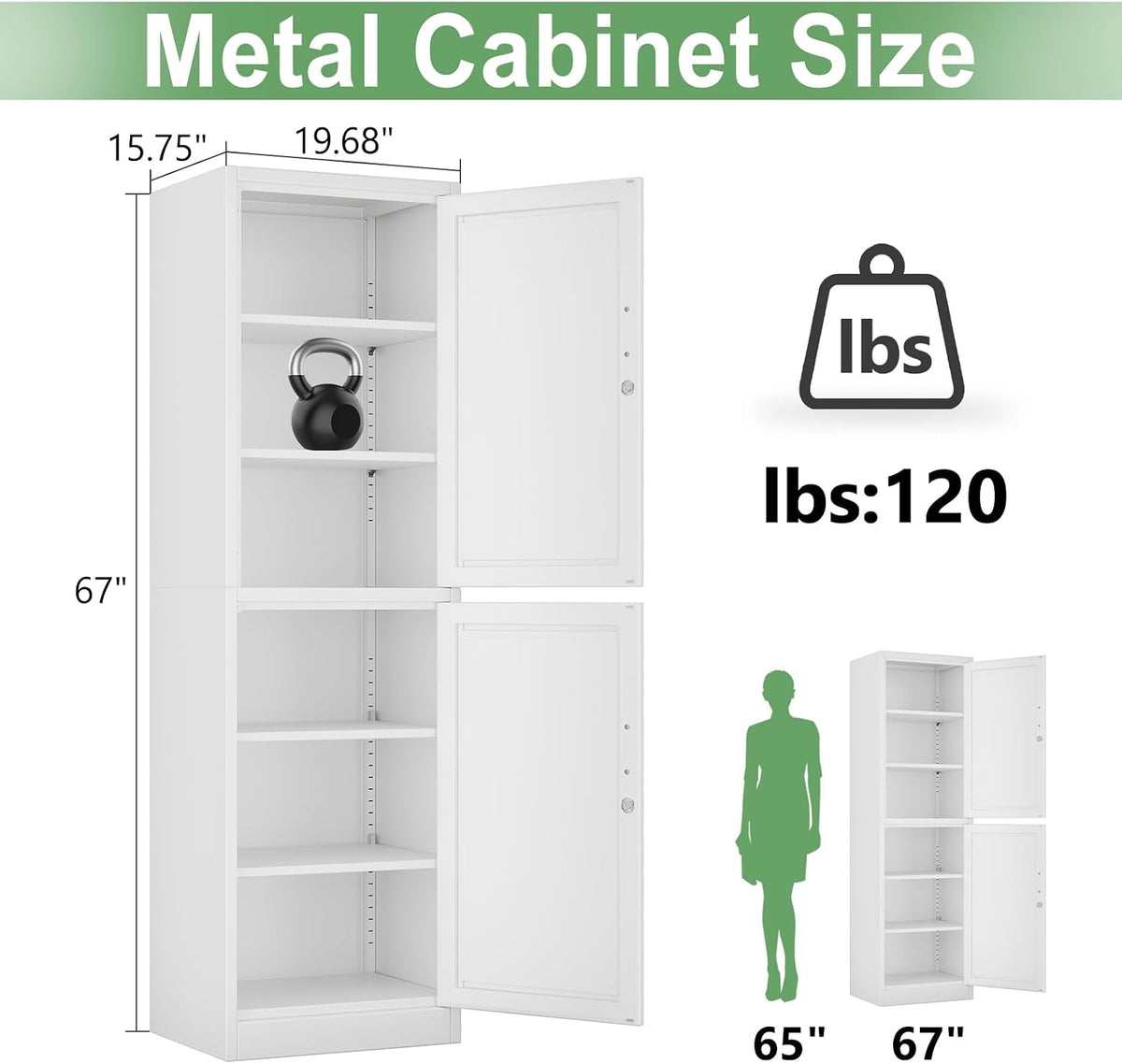 Ckzbx Metal Locker Tall Narrow Storage Cabinet, 67" H Locking Tool File Cabinets Snack Locker Organizer for School Classroom,Bedroom,Gym Home Office,Entryway and Hallway (20" W 2Door White)