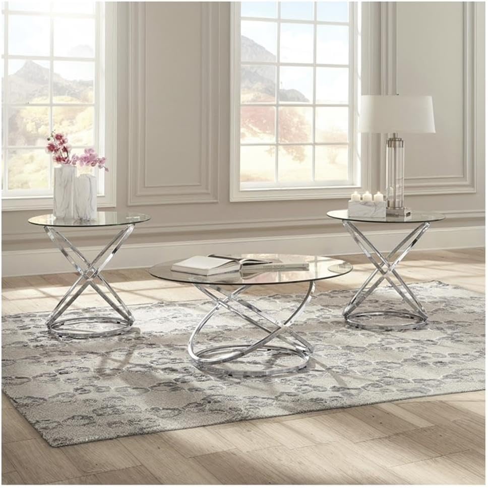 BOWERY HILL Modern 3-Piece Coffee Table Set, Glass Top with Chrome Metal Rings, Includes 1 Coffee Table and 2 End Tables, Adjustable Levelers, Tempered Glass, Contemporary Living Room Furniture
