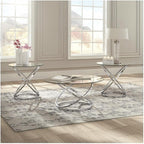 BOWERY HILL Modern 3-Piece Coffee Table Set, Glass Top with Chrome Metal Rings, Includes 1 Coffee Table and 2 End Tables, Adjustable Levelers, Tempered Glass, Contemporary Living Room Furniture