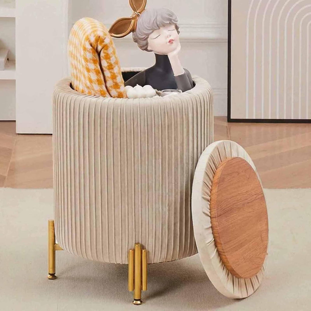 Round Ottoman Foot Stool with Storage and Metal Legs for Living Room Bedroom, Velvet Upholstered Footrest Stool Support 300lbs Modern Padded Seat Ottoman Coffee Table (Oatmeal‌)
