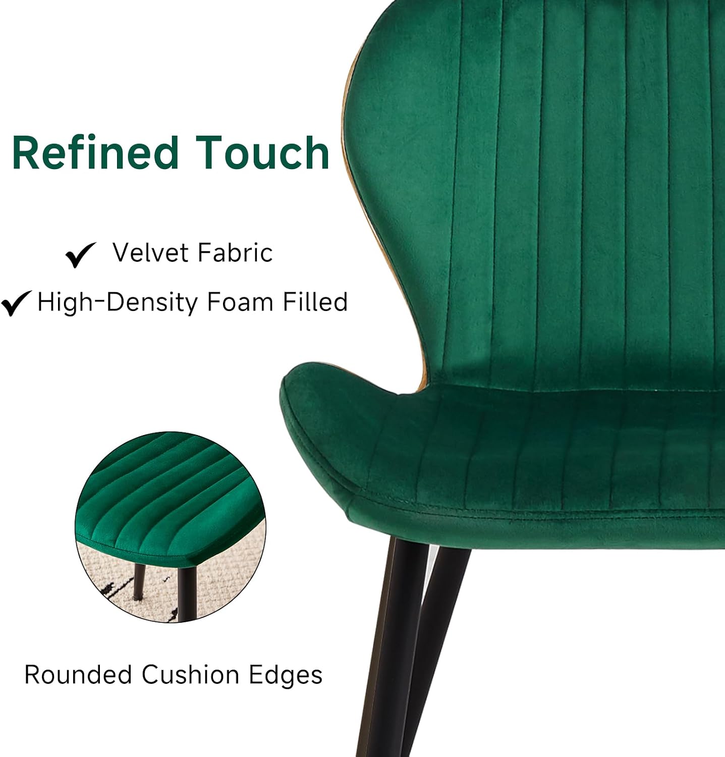 Green Velvet Dining Chairs Set of 4, Ergonomic Kitchen Chairs | Modern Upholstered Dining Chairs, Vertical Striped Enclosed Side Chair with Curved Backrest & Metal Legs for Living Room
