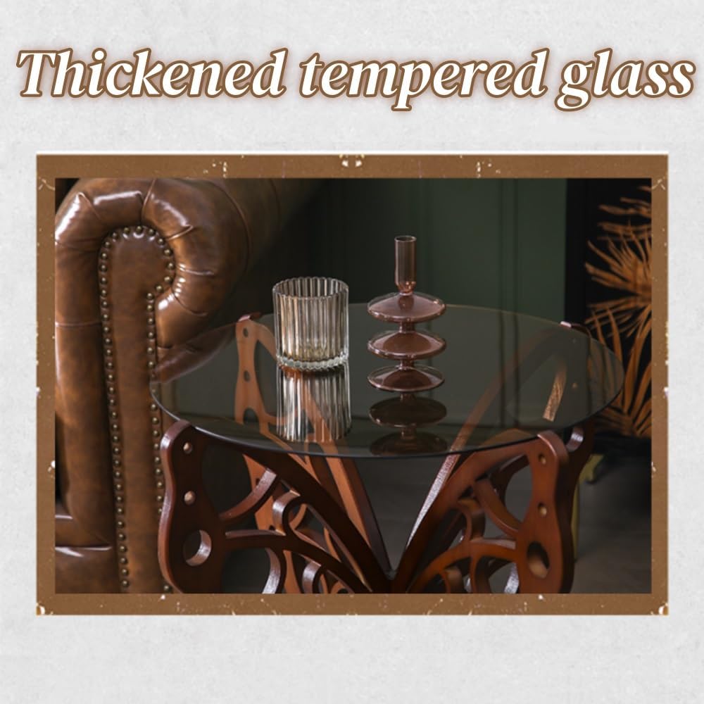 Butterfly Side Table, Tempered Glass Coffee Table with Solid Wood Base, Small Decorative End Table for Living Room, Balcony, and Bedroom(Clear)
